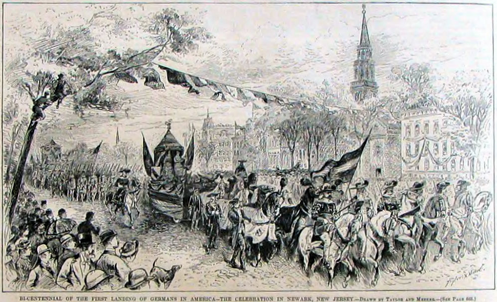 1883 Parade
1883 drawing from Harper's showing the Broad Street Parade celebrating the Bi-Centennial of the first landing of Germans in America.
