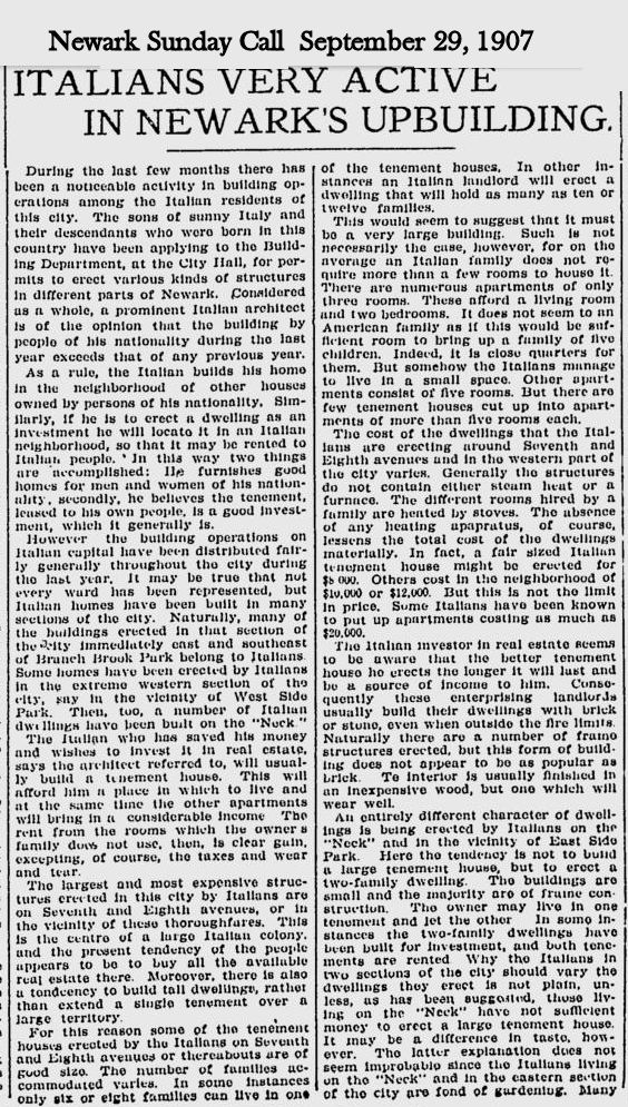 Italians Very Active in Newark's Upbuilding
September 29, 1907
