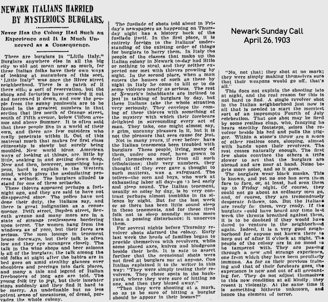 Newark Italians Harried by Mysterious Burglars
April 26, 1903
