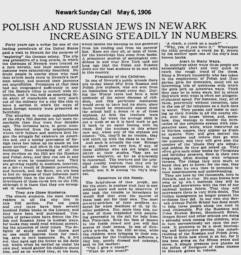 Polish and Russian Jews in Newark Increasing Steadily in Numbers
May 6, 1906
