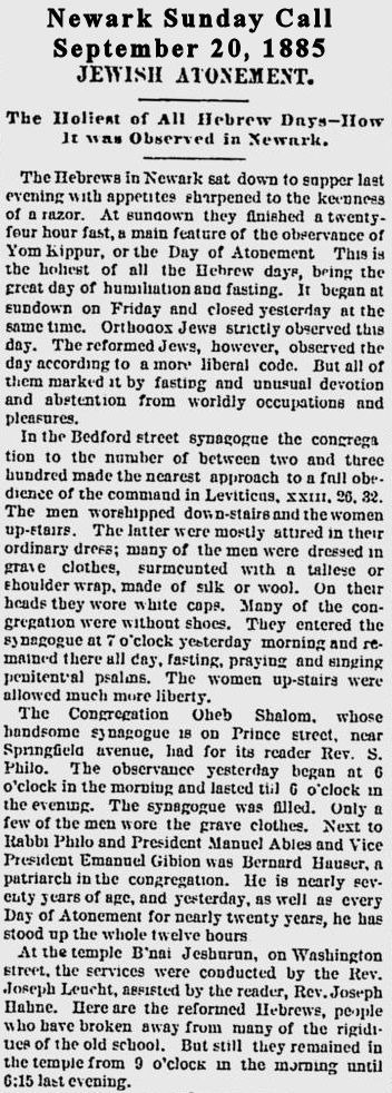 The Holiest of All Hebrew Days - How It was Observed in Newark
September 20, 1885
