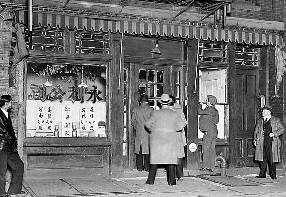 FEBRUARY 28 1932: America's Chinese man of mystery, the almost legendary Mock Duck, national president of the Hip Sing Tong and reputedly the wealthiest of his race in this country, was the target of an assassin in Newark. The Dr. Fu Manchu of real life was shot down as he stepped from his eastern headquarters at 64 Mulberry St., Newark. shortly after 7:30 P.M. The bullet, fired almost pointblank, entered his neck and emerged through his right cheek. Treated at Newark City Hospital, the man whose slightest word is law in the gambling dens of Chinatowns from the Atlantic to the Pacific deserted his habitual Oriental calm and named his assailant as a young hatchet man known as Eng Pong Quong, 

Photo by Walter Kelleher/NY Daily News
