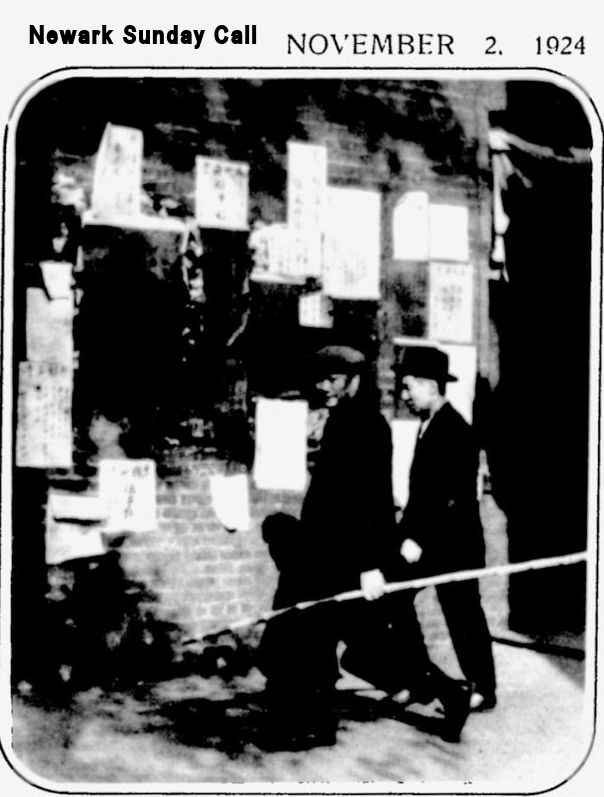 Mulberry Arcade
"The Chinese Bulletin," offering all the news on the tong war, so that those who run may read.  It's plastered daily in the Mulberry Arcade (208 Mulberry Street).
November 2, 1924 from the Newark Sunday Call
