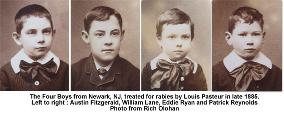 Four Boys treated for rabies by Louis Pasteur
The Four Boys from Newark, NJ, treated for rabies by Louis Pasteur in late 1885.
Left to right : Austin Fitzgerald, William Lane, Eddie Ryan and Patrick Reynolds.
A well-known physician, Dr. William O'Gorman, recommended that the children be sent to Pasteur for treatment and issued his appeal:
" I have such confidence in the preventive forces of inoculation by mitigated virus that were it my misfortune to be bitten by a rabid dog, I would board the first Atlantic steamer, go straight to Paris and, full of hope, place myself immediately in the hands of Pasteur.... If the parents be poor, I appeal to the medical profession and to the humane of all classes to help send these poor children where there is almost a certainty of prevention and cure. Let us prove to the world that we are intelligent enough to appreciate the advance of science and liberal and humane enough to help those who cannot help themselves.." 
- New York Herald Tribune, December 4, 1885.
