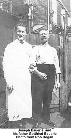 Bauerle, Joseph & Gottfried
Gottfried Bauerle(right), owner of Bauerle's Bakery & Restaurant, Newark, NJ.  The photo was taken in 1911 behind the Restaurant, at their residence, 218 Mulberry Street, corner of Green Street in the back alley. His son, Joseph Bauerle is on the left.
Photo from Rob Hogan
