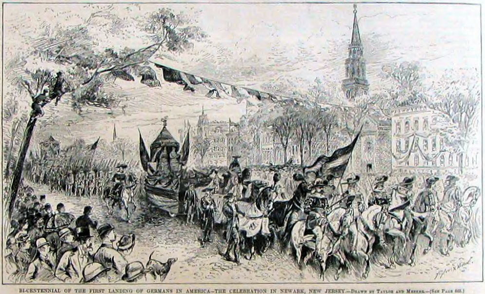 1883 Parade
1883 drawing from Harper's showing the Broad Street Parade celebrating the Bi-Centennial of the first landing of Germans in America.
