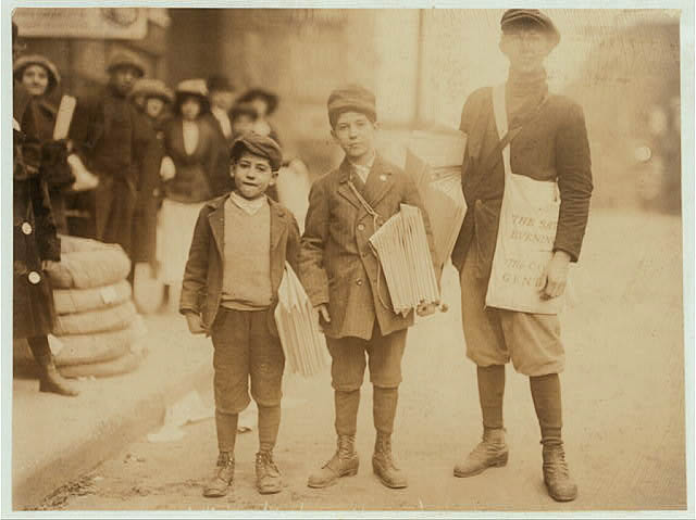 Theodore Librizzi, 8 yrs. old. Dewey Librizzi, 10 yrs. old. Solomon Milkman, 15 yrs. old. Solomon has been selling 4 yrs. His father is dead. Asked how he liked the trade - "It keeps me in school." Taken at 4:15 P.M
