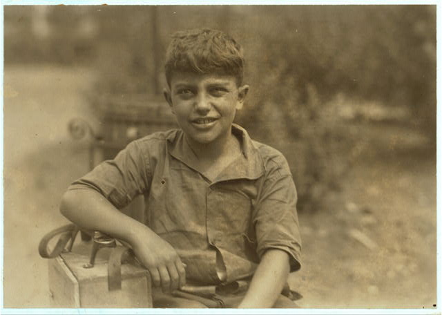 Mike, ten year old shiner, Newark, N.J. August 1, 1924.
Digital ID: nclc 04055   Source: color digital file from b&w original print 
Reproduction Number: LC-DIG-nclc-04055 (color digital file from b&w original print) 
Repository: Library of Congress Prints and Photographs Division Washington, D.C. 20540 USA 
