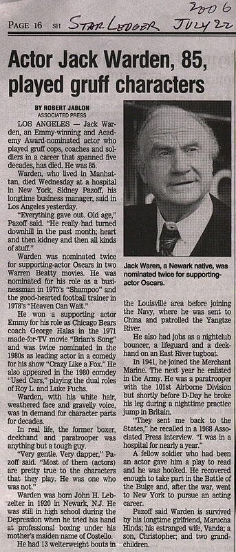 Warden, Jack (obit)
From Joe Cummins:
I last remember talking to him in front of Carney's Confectionery store - Summer Ave and Elliott Street, probably in 1943. That was the hangout for many of Good Counsel High kids as well as neighborhood kids from Elliott St area/Summer Ave area. He was in paratroop uniform at the time, and possibly still on medical leave before going back overseas. I was probably 14-15  and in high school at the time.

