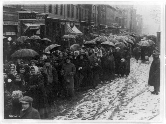 Women walking through snow and slush in Newark, New Jersey, to the city hall to place before Mayor Raymond a resolution calling for purchase and sale by the city of needed food.

From “Library of Congress”
